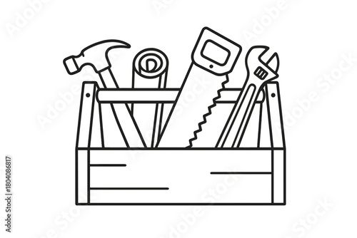 Classic wooden toolbox filled with construction and repair hand tools