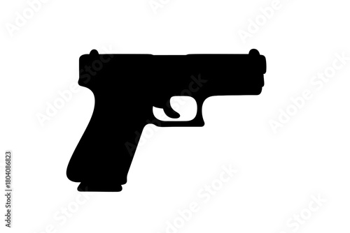 Minimalist black silhouette of a modern semi-automatic handgun pistol on white background