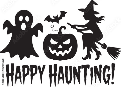 Happy Haunting Halloween Icons Ghost, Witch, and Carved Pumpkin Silhouettes