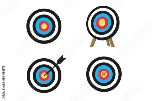 Four distinct archery bullseye targets showing hits, misses, precision, and success concepts