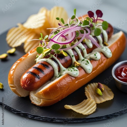 A gourmet hot dog in a perfectly toasted brioche bun, the sausage glistening with grill marks