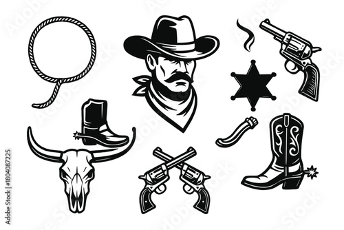 Classic Wild West elements set featuring a cowboy portrait, sheriff badge, revolvers, boots, and bull skull
