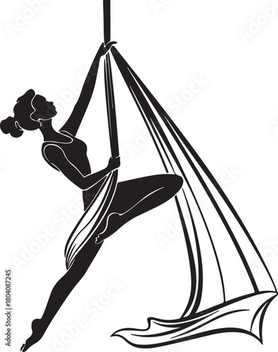 Aerial yoga pose, black silhouette of a woman suspended in a silk hammock