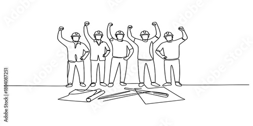 Group of triumphant construction workers and engineers celebrating project success with fists raised, unified team spirit, simple continuous line art