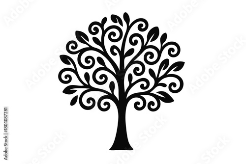Elegant ornamental tree of life symbol with swirling branches and detailed leaves in black silhouette