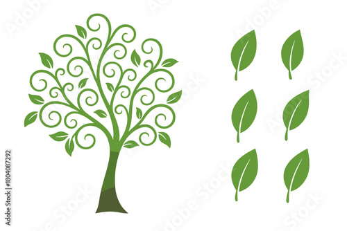 Stylized green tree with swirling branches and separate leaf icons for nature and ecology