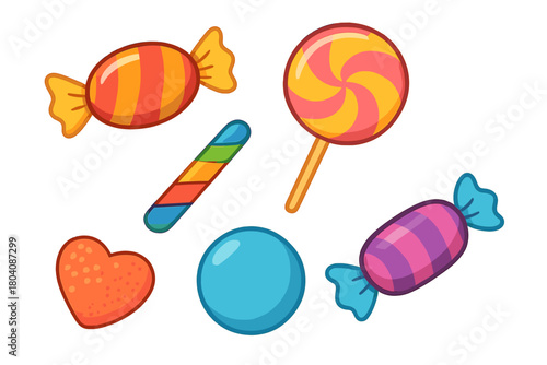 Brightly colored assortment of sweet treats including wrapped candies, lollipop, and heart shape