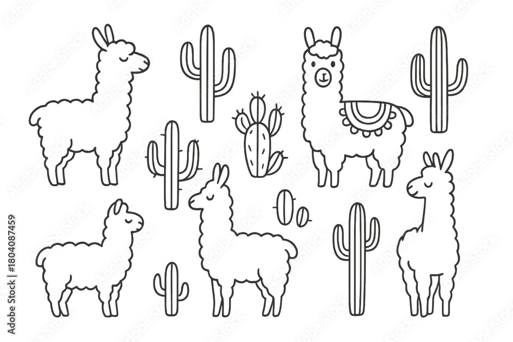 Naklejka premium Cute cartoon llamas and various desert cacti outline seamless pattern set