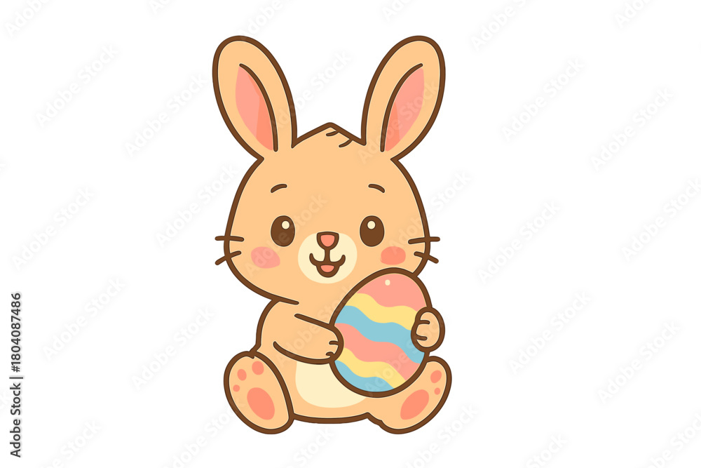 Fototapeta premium Cute sitting bunny character holding a large decorated pastel Easter egg for spring holiday