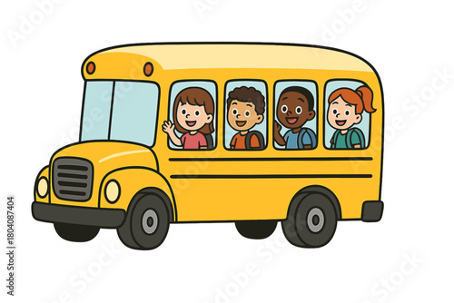Happy diverse children riding a yellow school bus on the way to school or home