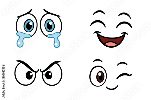 Four cartoon facial expressions: crying eyes, laughing mouth, angry stare, winking face