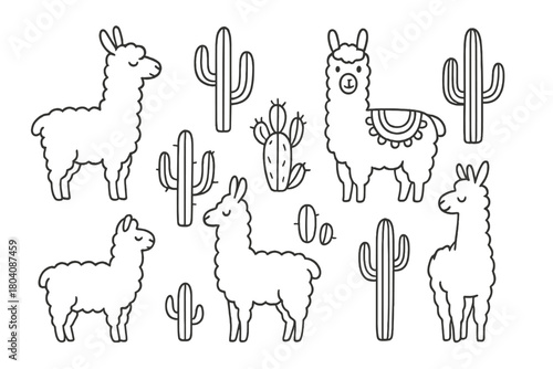 Cute cartoon llamas and various desert cacti outline seamless pattern set