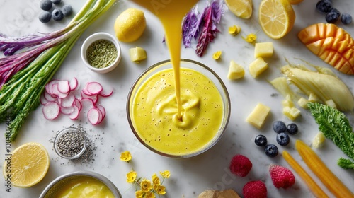 Smooth golden mustard sauce pouring into glass bowl surrounded by colorful fresh vegetables, fruits and ingredients for healthy salad dressing preparation