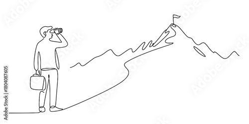 A businessman with a briefcase using binoculars looking at a flag on a distant mountain peak, symbolizing vision, future goals and success.