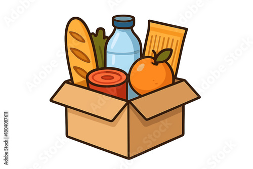 Donation box filled with essential groceries including bread, canned food, water, and fresh produce