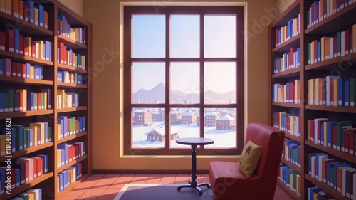 A cozy library interior with a red chair and a bookshelf by the window with a winter landscape