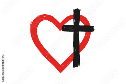 Red heart outline with black Christian cross symbol in brush stroke style