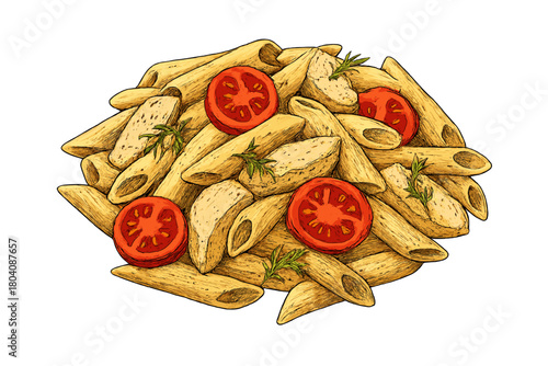 Penne pasta dish with sliced tomatoes and chicken pieces garnished with fresh herbs on a white background