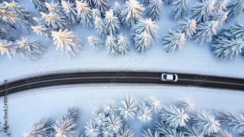 Car driving on winding road through snowy forest in winter  