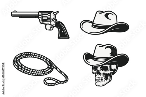 Monochrome vintage Wild West design elements set featuring revolver, lasso, hat, and skull