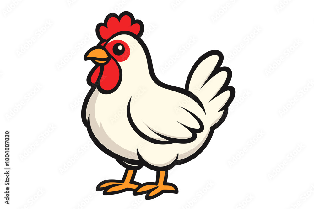 Fototapeta premium Adorable cartoon chicken character standing in profile view, a cute farm animal isolated on a clean white background
