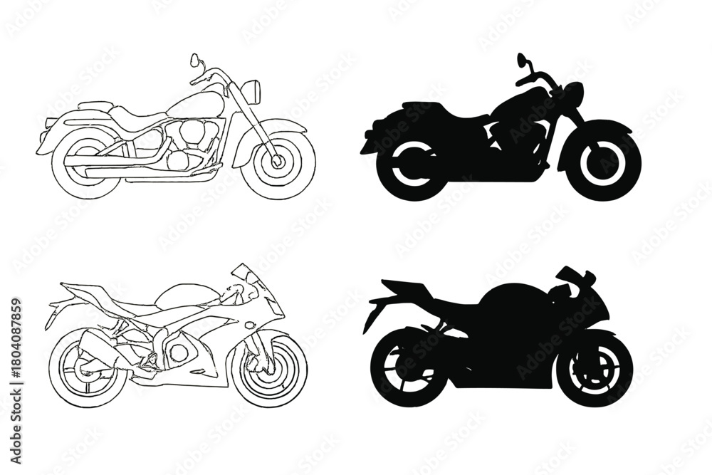Obraz premium Four different motorcycle styles presented as outlines and solid black silhouettes