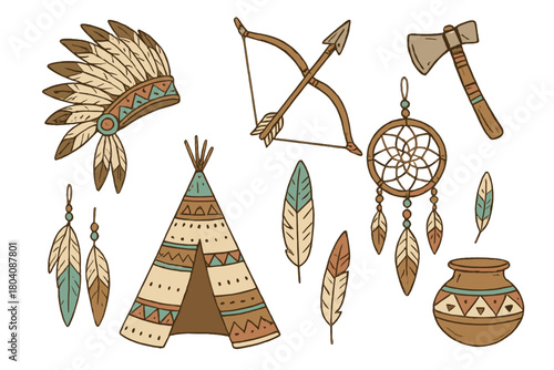 Set of traditional Native American cultural symbols including headdress, teepee, bow, arrow, and dreamcatcher