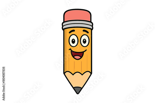 Cute yellow wooden pencil character with a pink eraser smiling happily