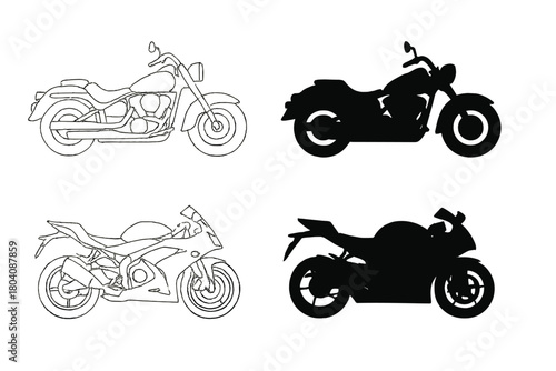 Four different motorcycle styles presented as outlines and solid black silhouettes