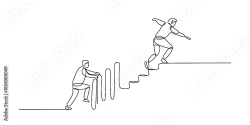 Modern continuous line art: two individuals depicting the journey of overcoming challenges and achieving upward growth and success in business.