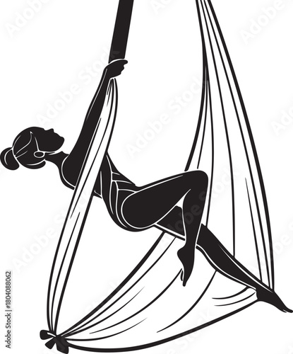 Aerial yoga pose, black silhouette of a woman suspended in a silk hammock