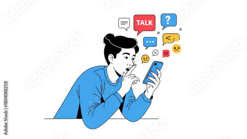 High-quality black outline colorful art of person sharing gossip on phone, talking icons, clean modern illustration