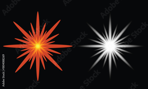 Bright orange starburst explosion effect with a white counterpart on black background