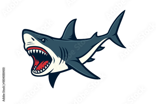 Aggressive shark mascot with wide open mouth and sharp teeth ready to attack