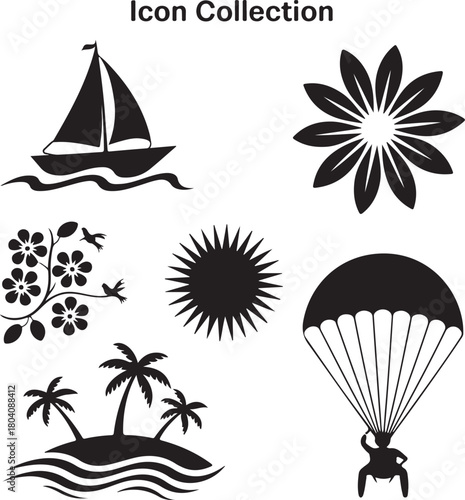 Nature and adventure icons collection in a black and white vector design