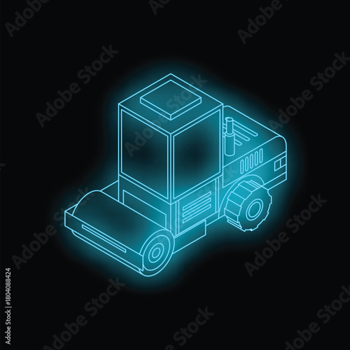 Neon road roller glowing on black background, concept for innovation in road construction
