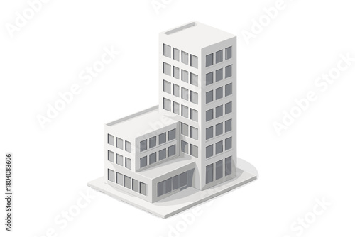 Minimalist white corporate building structure in isometric perspective on a clean background
