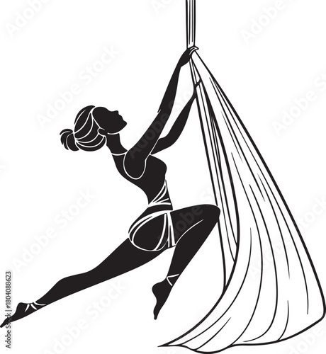 Aerial yoga pose, black silhouette of a woman suspended in a silk hammock