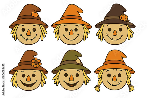 Set of six smiling scarecrow faces wearing various colorful autumn hats and straw hair