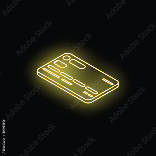 Yellow neon isometric credit card glowing on dark background