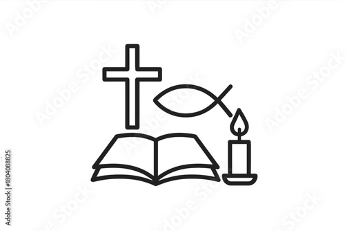 Set of Christian faith symbols: cross, open Bible, Ichthys fish, and burning candle