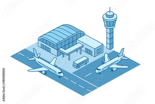 Isometric airport terminal building with control tower and two commercial airplanes on the tarmac