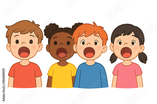 Diverse group of four young children standing together with mouths wide open in surprise and shock