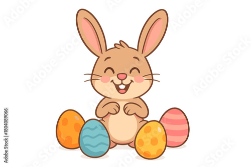 Smiling cartoon rabbit character sitting happily surrounded by four colorful decorated Easter eggs