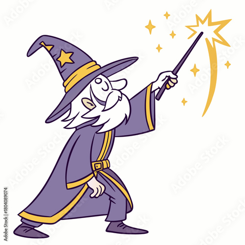 A Magical Wizard Casting Spells with a Glowing Wand and Stars a magical wizard