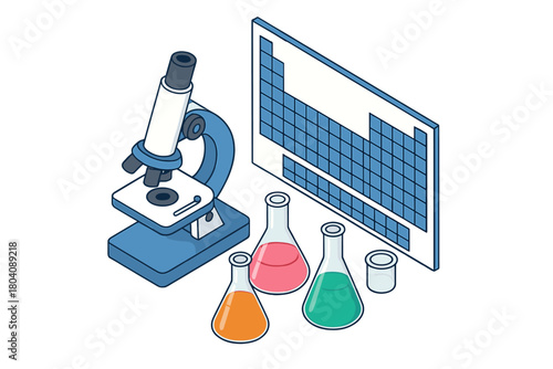 Scientific laboratory equipment setup featuring microscope, flasks, and periodic table