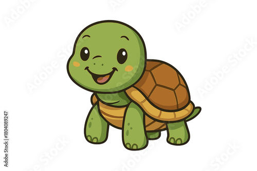 Friendly green cartoon tortoise character standing and smiling widely on white background