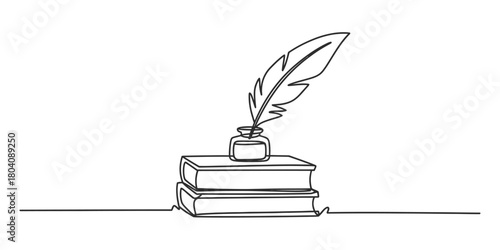 Continuous line drawing of stacked books with a quill pen and inkwell, symbolizing literature, knowledge, education, and creative writing.