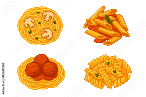 Various servings of traditional Italian pasta dishes like spaghetti with meatballs and penne