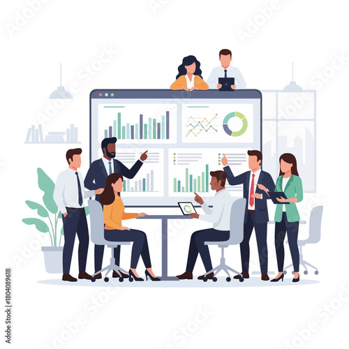 Dynamic business team collaborating on financial data analysis during a modern office meeting, discussing strategy and achieving goals